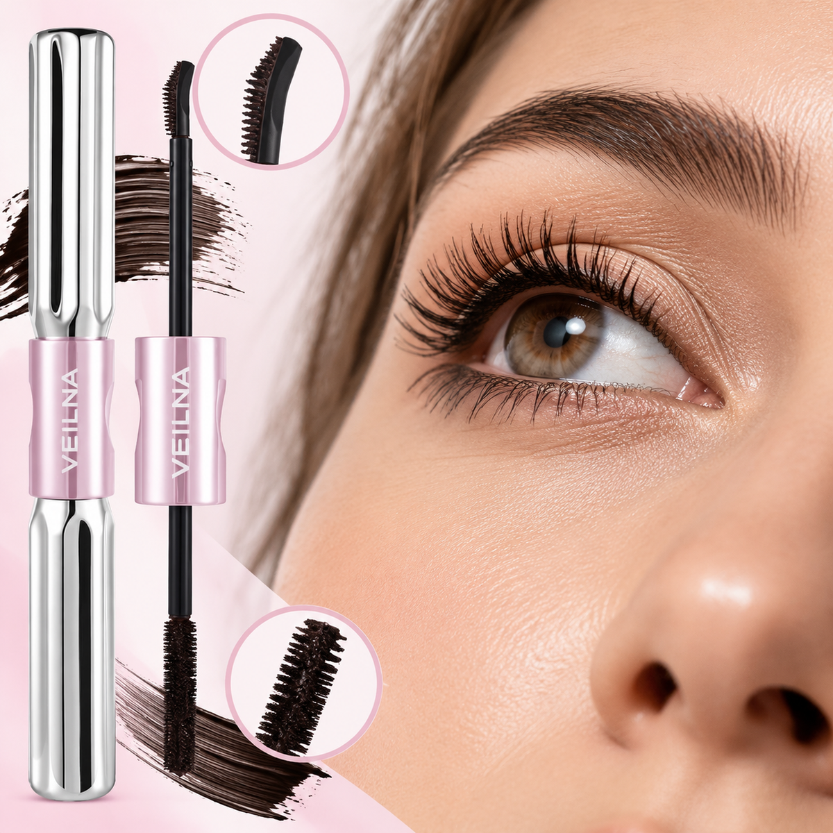 Dual-Ended Eyelash Mascara Waterproof Smudge Resistant Makeup Two brush styles in one tube, easy to carry and apply for beginners, everyday eye looks, travel, parties and quick touch-ups