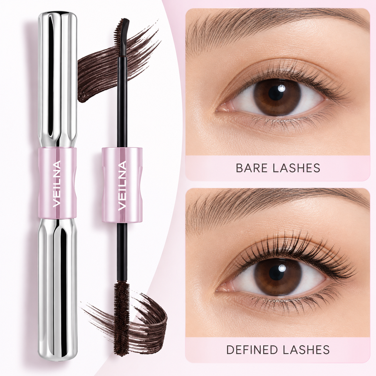 Dual-Ended Eyelash Mascara Waterproof Smudge Resistant Makeup Two brush styles in one tube, easy to carry and apply for beginners, everyday eye looks, travel, parties and quick touch-ups