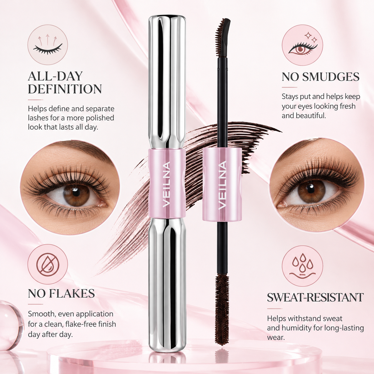 Dual-Ended Eyelash Mascara Waterproof Smudge Resistant Makeup Two brush styles in one tube, easy to carry and apply for beginners, everyday eye looks, travel, parties and quick touch-ups